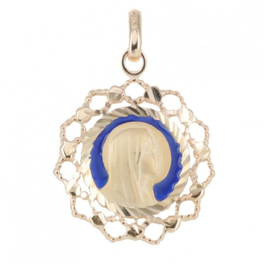 Palais du Rosaire Medaille Et Croix Plaque Or | Medaille De La Vierge Marie En Plaque Or, Contours Denteles Et Fond Bleu 20Mm