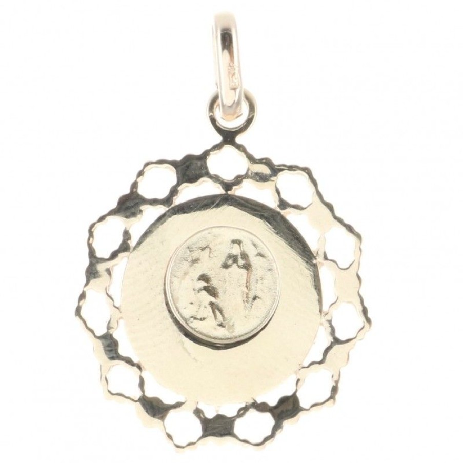 Palais du Rosaire Medaille Et Croix Plaque Or | Medaille De La Vierge Marie En Plaque Or, Contours Denteles Et Fond Bleu 20Mm