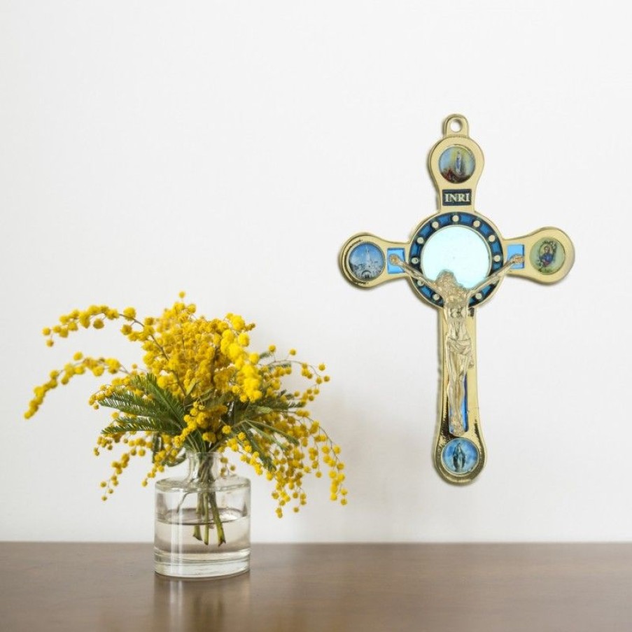 Palais du Rosaire Crucifix Metal | Crucifix De Lourdes En Metal Dore Avec 4 Vues 12Cm