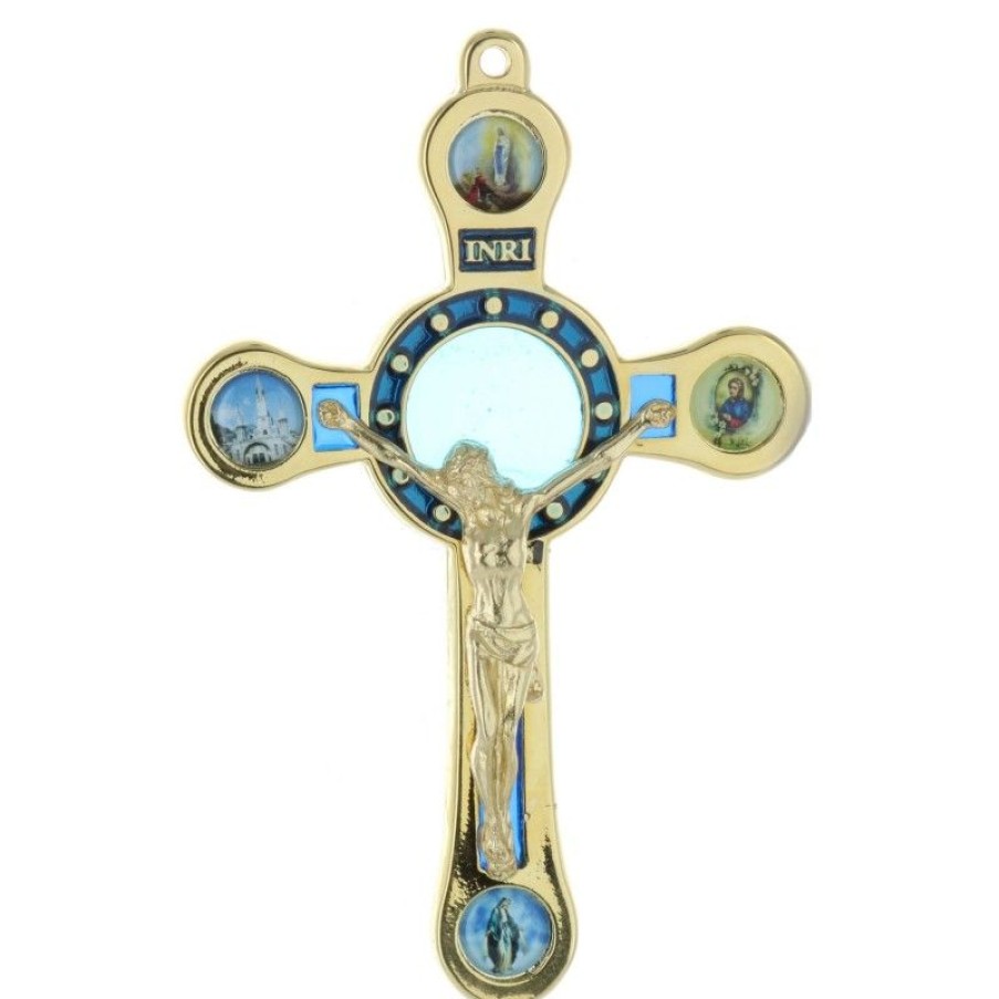 Palais du Rosaire Crucifix Metal | Crucifix De Lourdes En Metal Dore Avec 4 Vues 12Cm