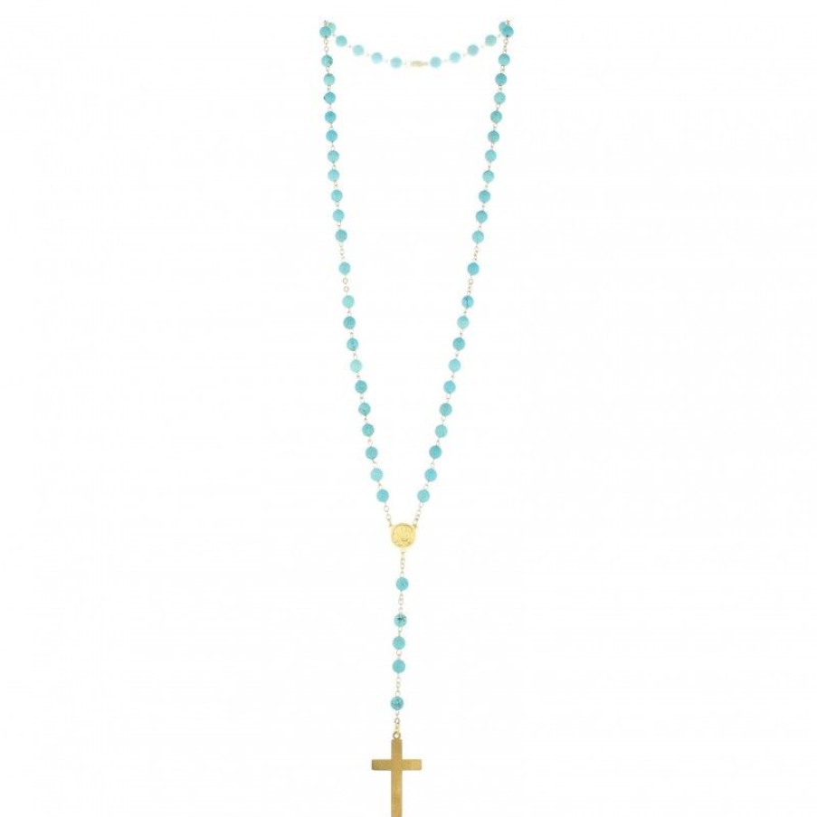 Palais du Rosaire Chapelet Pierre | Chapelet Dore En Pierres De Turquoise De 6Mm Avec Croix Emaillee