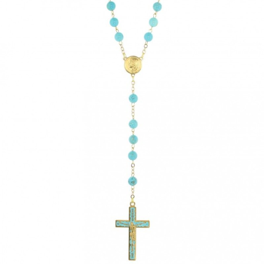 Palais du Rosaire Chapelet Pierre | Chapelet Dore En Pierres De Turquoise De 6Mm Avec Croix Emaillee