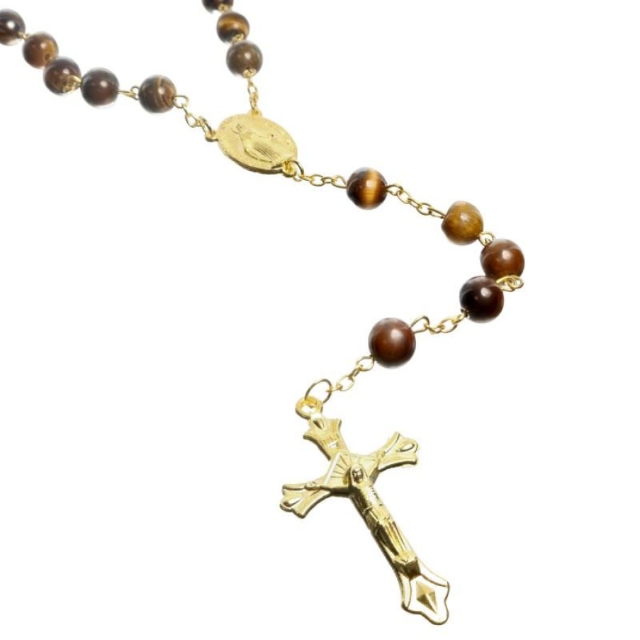 Palais du Rosaire Chapelet Pierre | Chapelet En Pierre D'Oeil De Tigre De 8Mm Avec Chaine Doree Et Boite