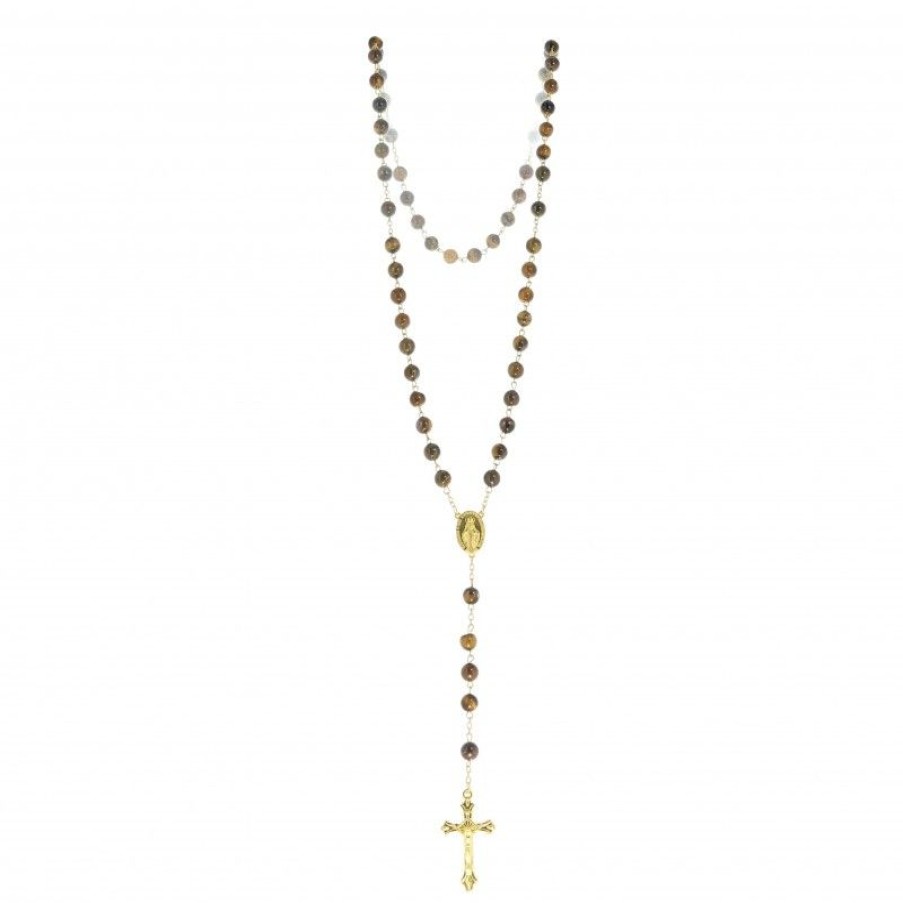 Palais du Rosaire Chapelet Pierre | Chapelet En Pierre D'Oeil De Tigre De 8Mm Avec Chaine Doree Et Boite