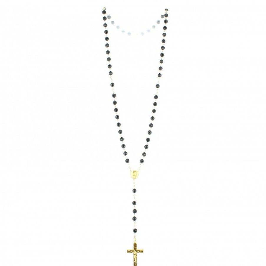 Palais du Rosaire Chapelet Pierre | Chapelet Dore En Pierres D'Agathe Noire De 6Mm Avec Croix Emaillee