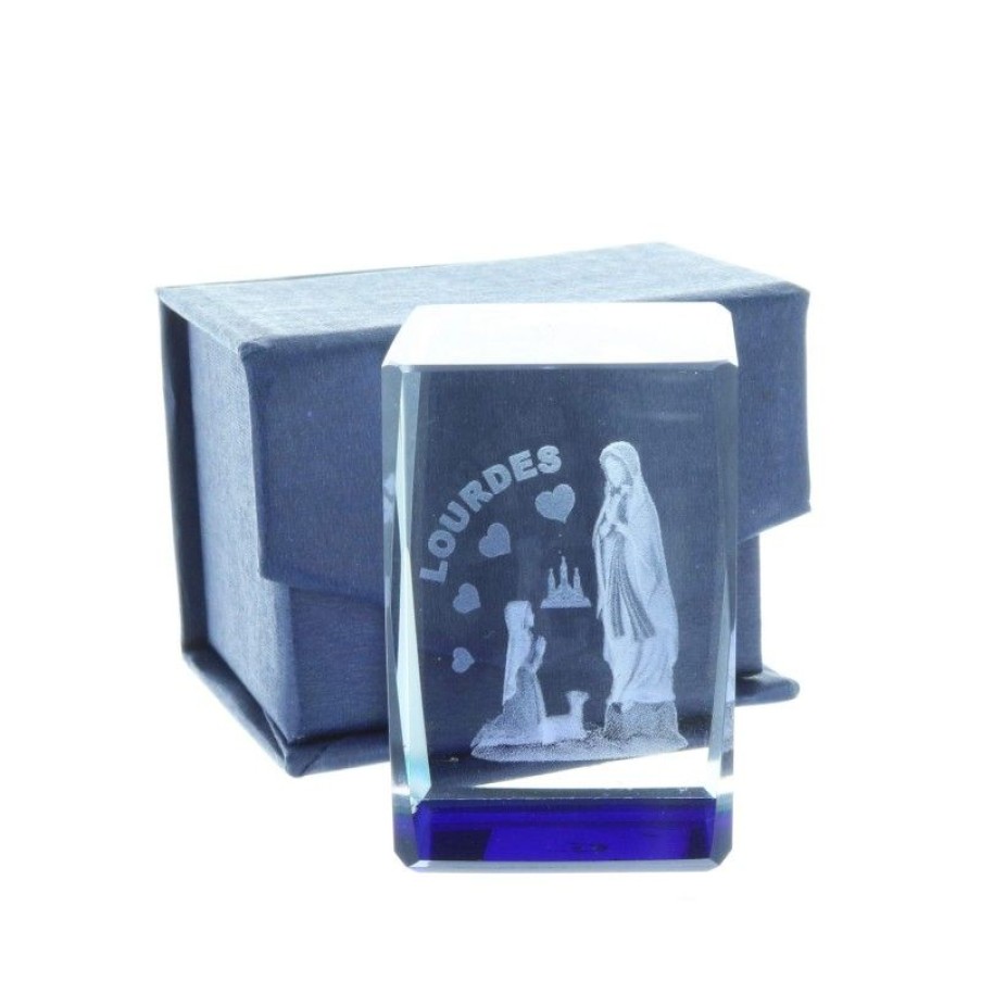 Palais du Rosaire Verre Grave | Verre Grave Laser 3D Reflets Bleus, Apparition De Lourdes Et Coeurs 4,5 Cm