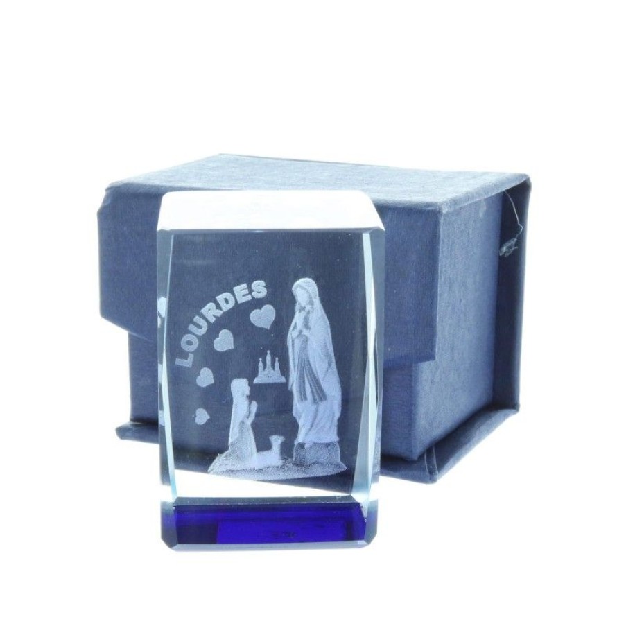 Palais du Rosaire Verre Grave | Verre Grave Laser 3D Reflets Bleus, Apparition De Lourdes Et Coeurs 4,5 Cm