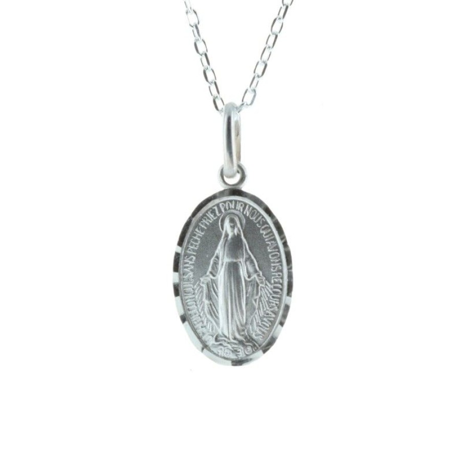 Palais du Rosaire Collier En Argent | Parure En Argent De La Vierge Miraculeuse Bord Diamante 15 Mm