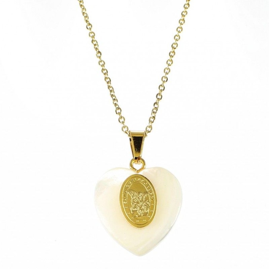 Palais du Rosaire Collier Fantaisie | Chaine Doree Avec Pendentif Coeur Nacre Et Medaille De Saint Michel