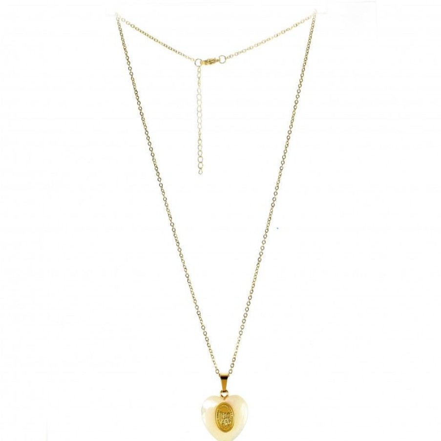 Palais du Rosaire Collier Fantaisie | Chaine Doree Avec Pendentif Coeur Nacre Et Medaille De Saint Michel
