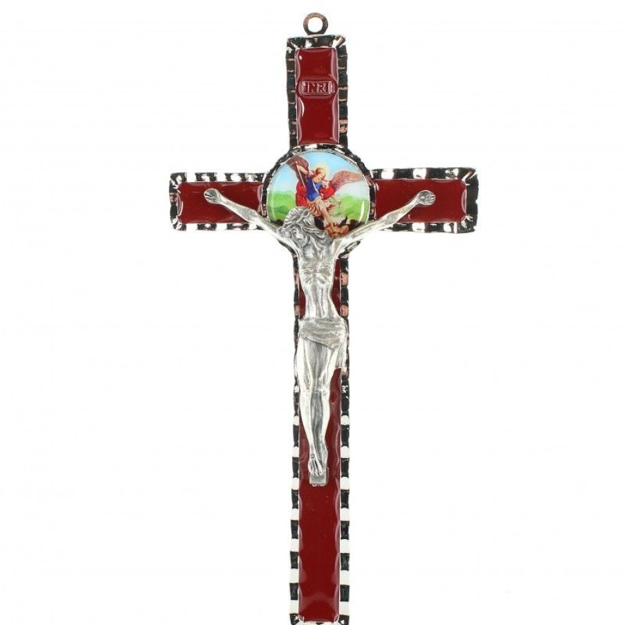 Palais du Rosaire Crucifix Metal | Croix De Saint Michel En Metal Et Fond Rouge 10X18Cm