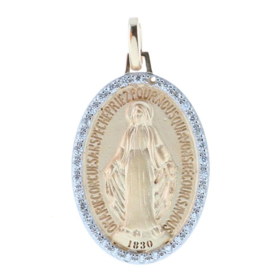 Palais du Rosaire Medaille Et Croix Plaque Or | Medaille De La Vierge Miraculeuse Plaque Or Et Contours Brillants