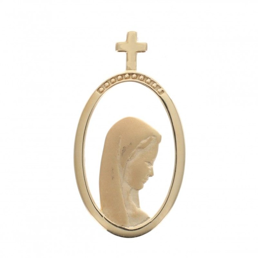 Palais du Rosaire Medaille Et Croix Plaque Or | Medaille Vierge De Profil En Plaque Or Avec Beliere En Croix 21 Mm