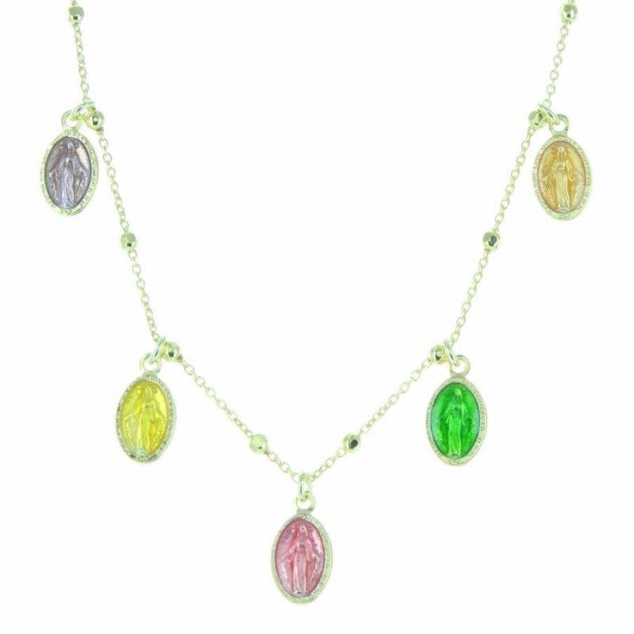Palais du Rosaire Collier En Argent | Collier En Argent Dore Avec 5 Medailles Colorees De La Vierge Miraculeuse