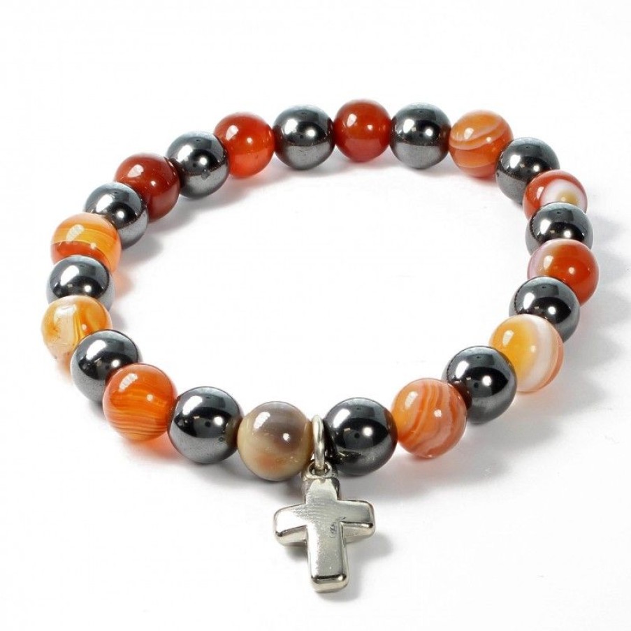 Palais du Rosaire Bracelet Fantaisie | Bracelet En Pierres Naturelles D'Hematite Et Cornaline Avec Croix