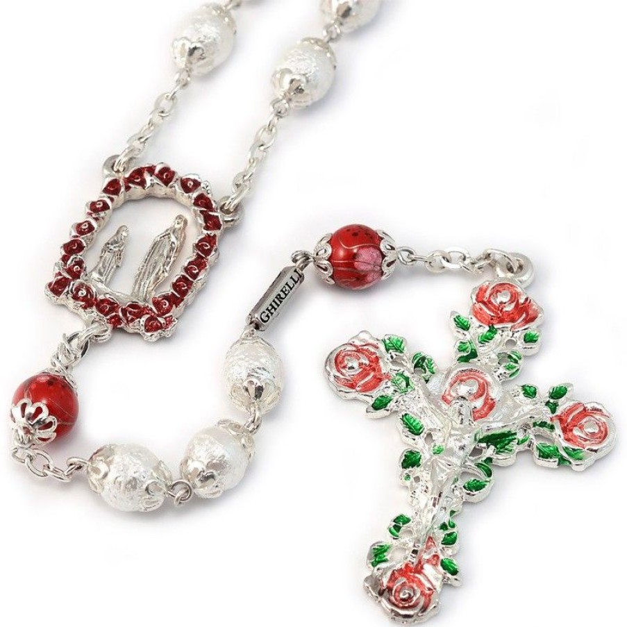Palais du Rosaire Chapelet Argent | Chapelet De Lourdes Plaque Argent Avec Des Roses Colorees