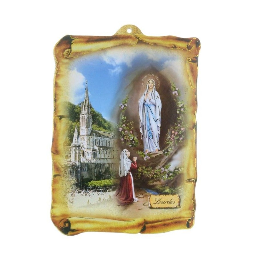Palais du Rosaire Cadre Religieux | Cadre Religieux En Bois Forme Parchemin Apparition De Lourdes Doree 17,5 X 25 Cm
