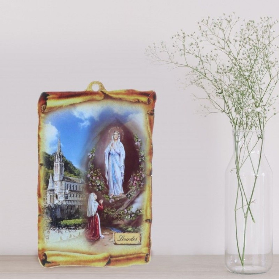 Palais du Rosaire Cadre Religieux | Cadre Religieux En Bois Forme Parchemin Apparition De Lourdes Doree 17,5 X 25 Cm