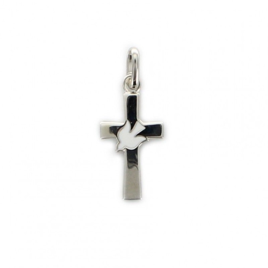 Palais du Rosaire Medaille Et Croix Argent | Croix En Argent Avec Colombe Blanche Incrustee De 1,5 Cm