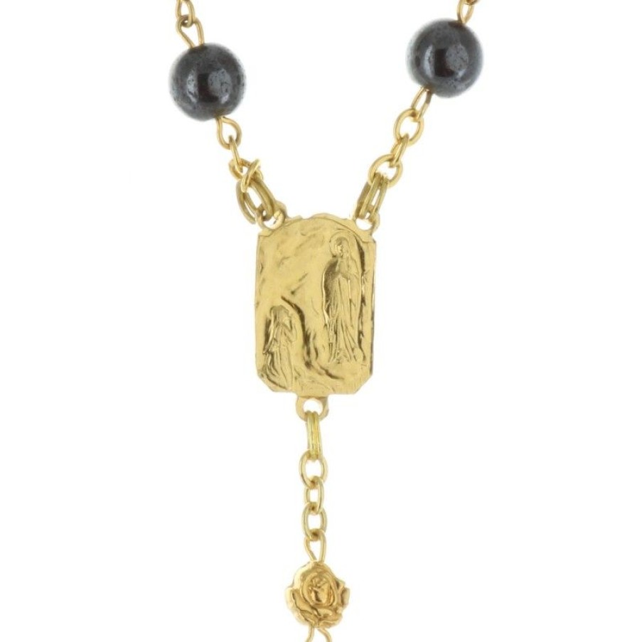 Palais du Rosaire Chapelet Pierre | Chapelet De Lourdes En Hematite Et Paters En Forme De Roses Dorees