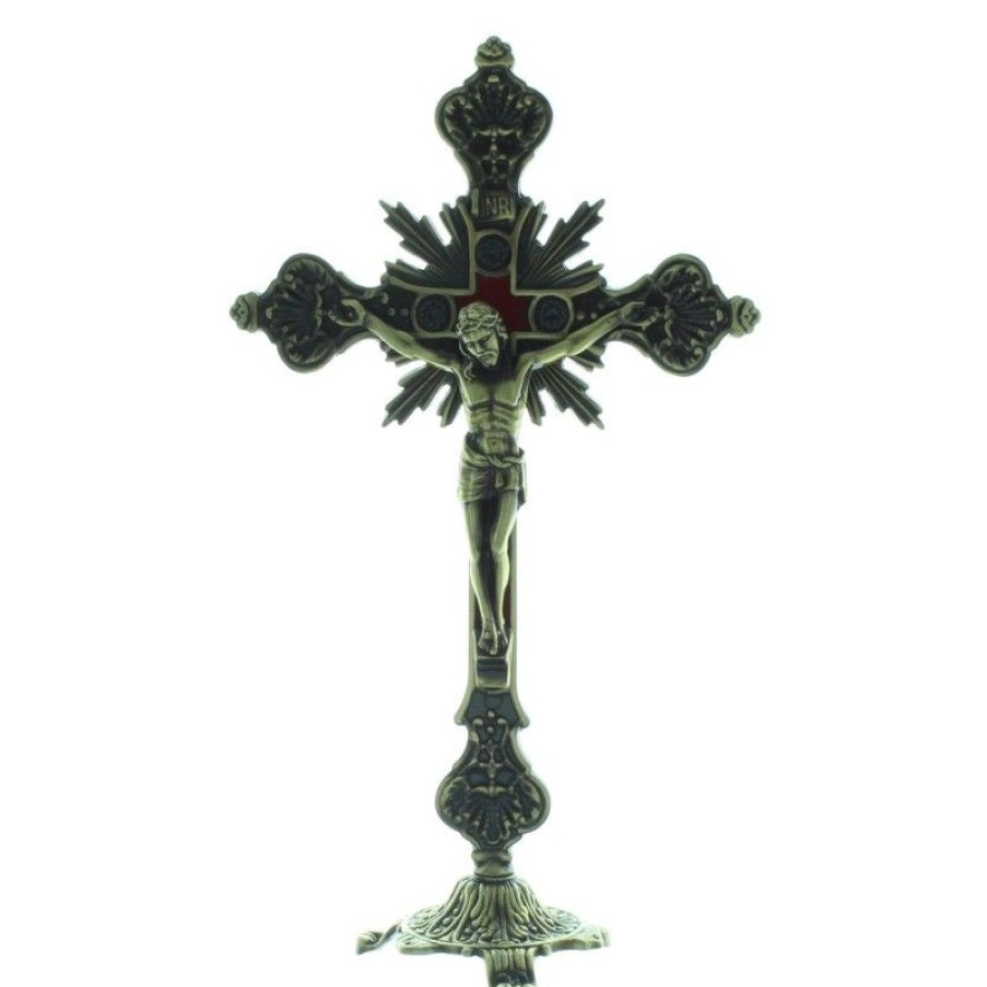 Palais du Rosaire Crucifix Metal | Crucifix Metal Sur Socle Style Baroque 23Cm