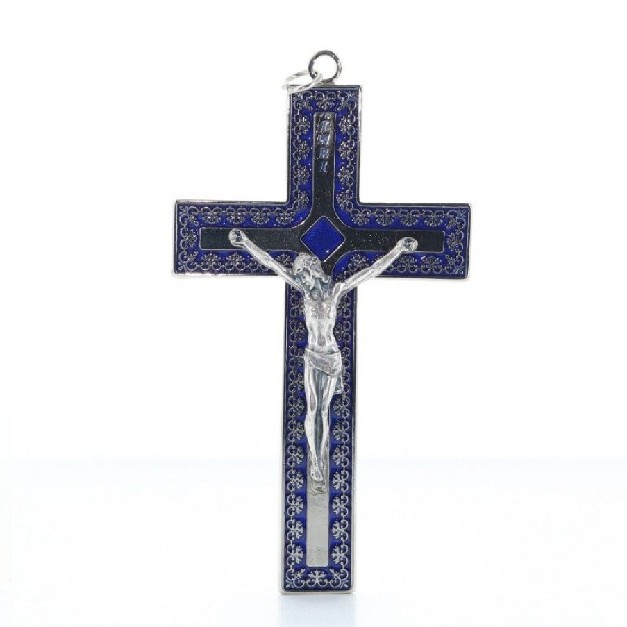 Palais du Rosaire Crucifix Metal | Crucifix Fond Emaille Bleu En Metal 12 Cm