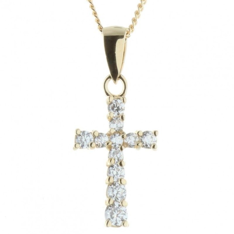 Palais du Rosaire Medaille Et Croix Plaque Or | Parure Pendentif Croix Plaque Or Avec Zircon Sur Chaine Doree 45Cm