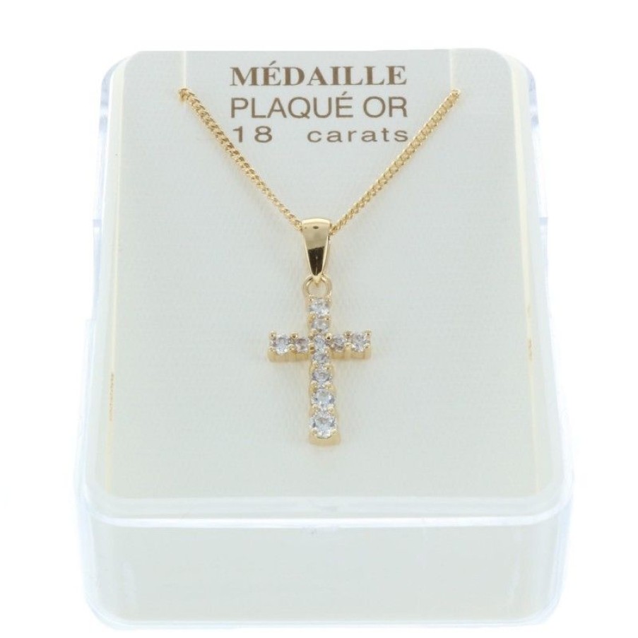 Palais du Rosaire Medaille Et Croix Plaque Or | Parure Pendentif Croix Plaque Or Avec Zircon Sur Chaine Doree 45Cm
