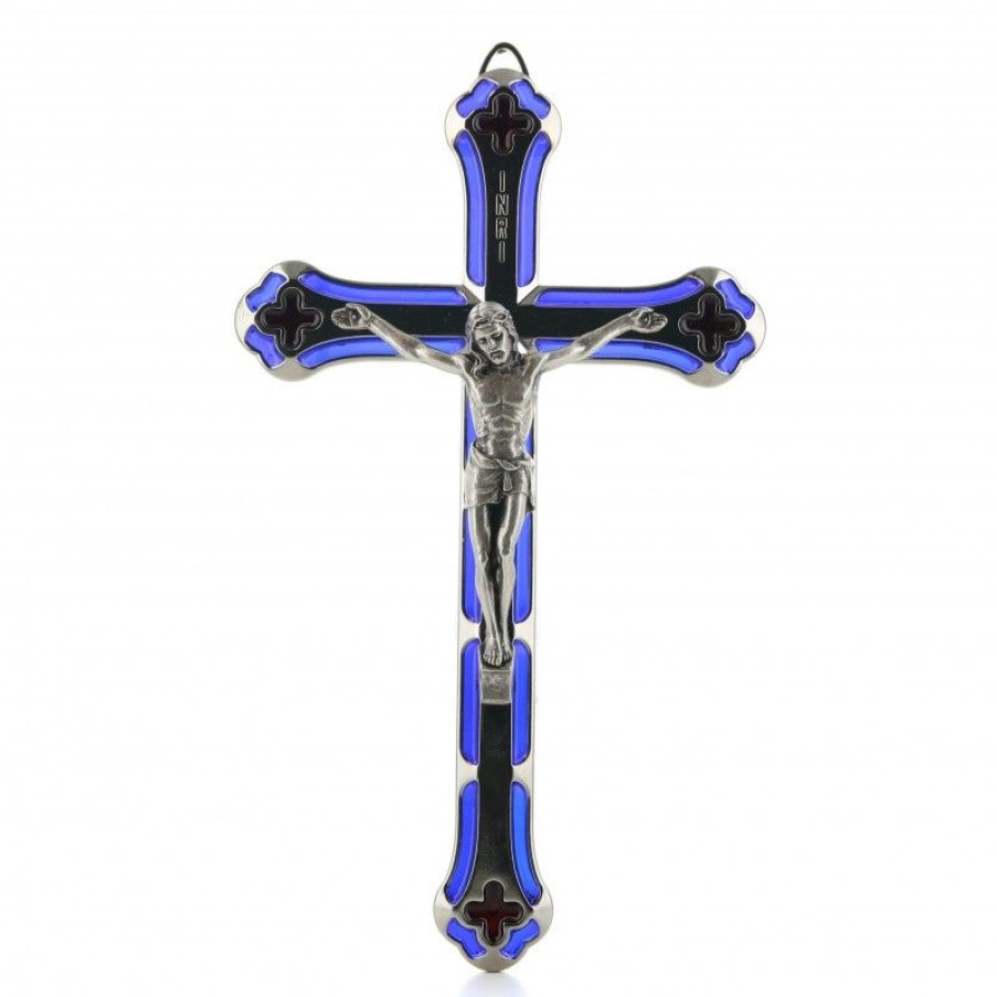 Palais du Rosaire Crucifix Metal | Crucifix Emaille En Metal Argente 18 Cm