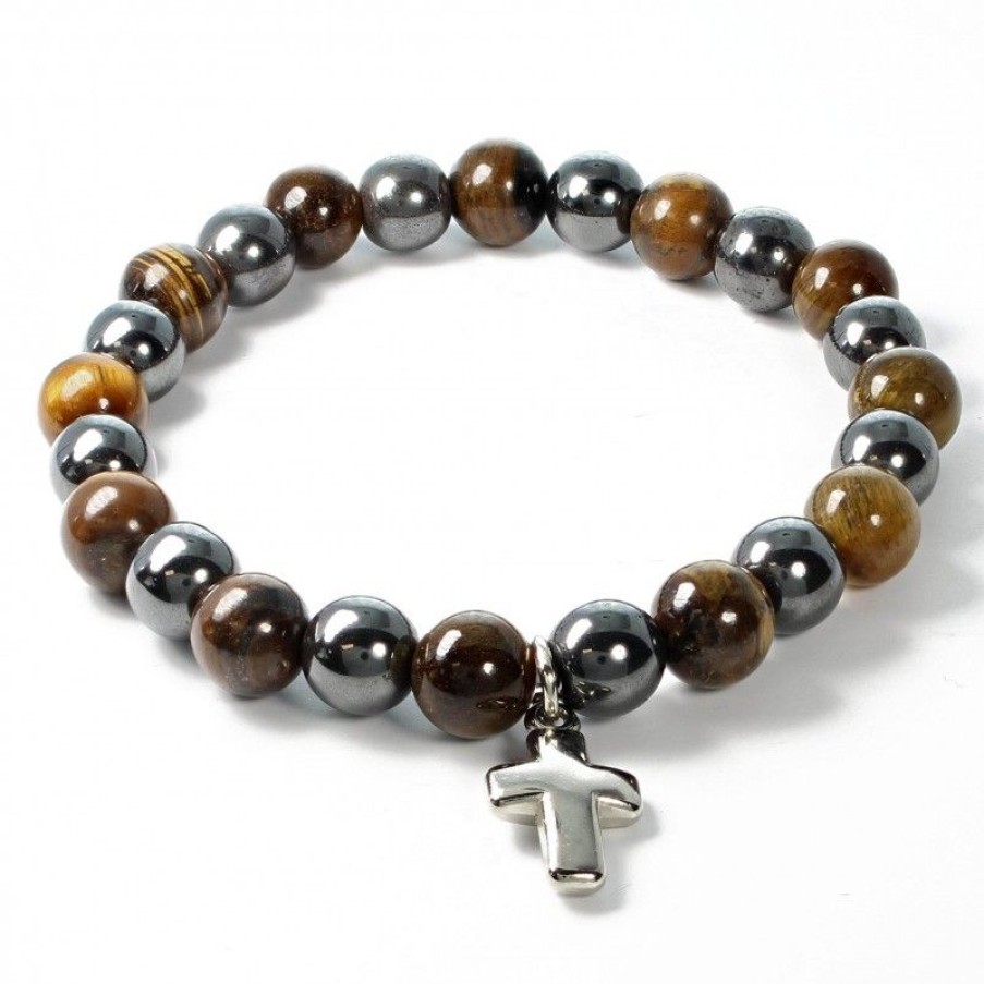 Palais du Rosaire Bracelet Fantaisie | Bracelet En Pierres Naturelles D'Hematite Et Oeil De Tigre Avec Croix