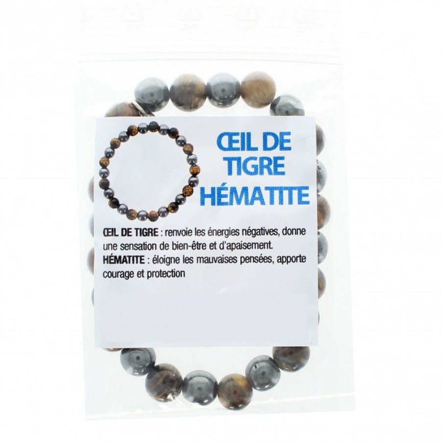 Palais du Rosaire Bracelet Fantaisie | Bracelet En Pierres Naturelles D'Hematite Et Oeil De Tigre Avec Croix