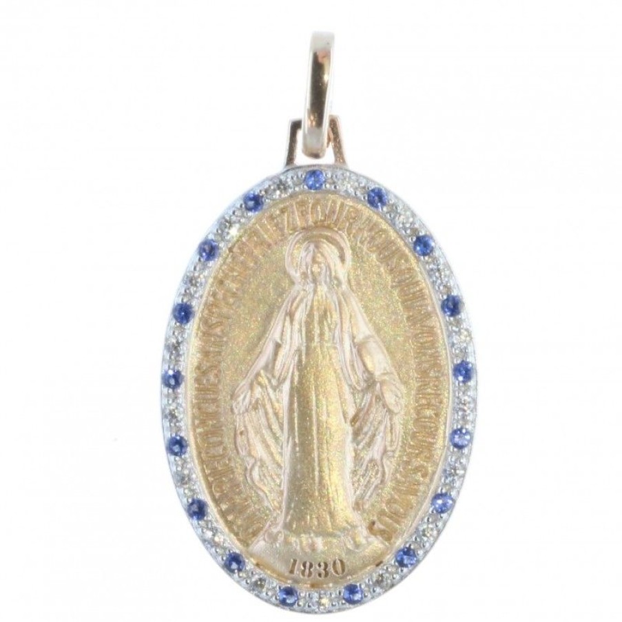 Palais du Rosaire Medaille Et Croix Plaque Or | Medaille De La Vierge Miraculeuse Plaque Or Contour Strass Et Pierres Bleues