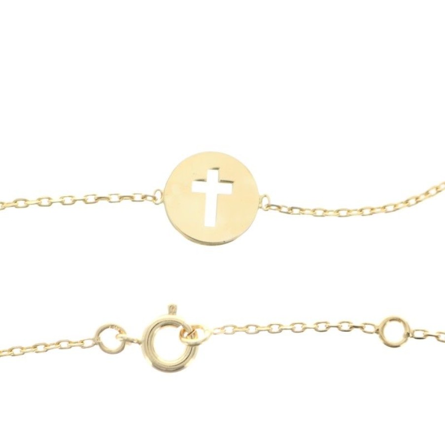 Palais du Rosaire Bracelet Plaque Or | Bracelet Plaque Or 16 Cm Avec Medaille Ronde Croix Ajouree