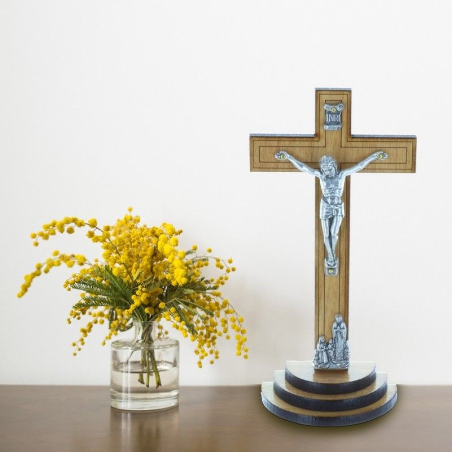 Palais du Rosaire Crucifix Bois | Crucifix Bois Fonce Sur Un Socle Bois Et Christ Argente 13,5 Cm