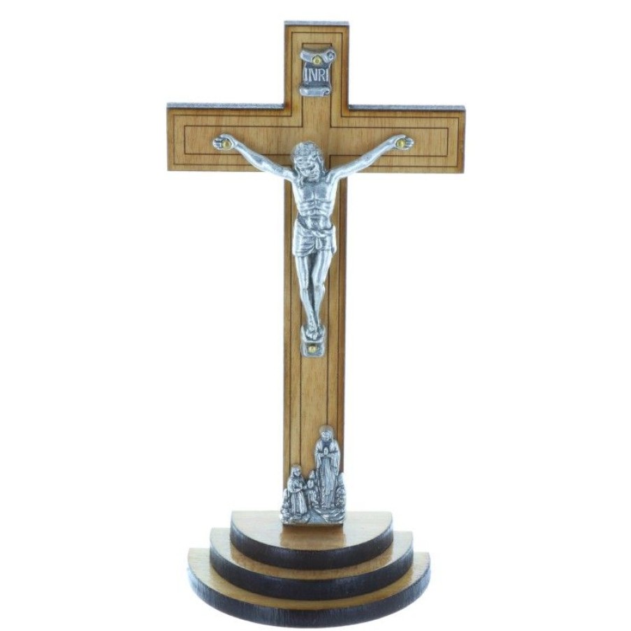 Palais du Rosaire Crucifix Bois | Crucifix Bois Fonce Sur Un Socle Bois Et Christ Argente 13,5 Cm