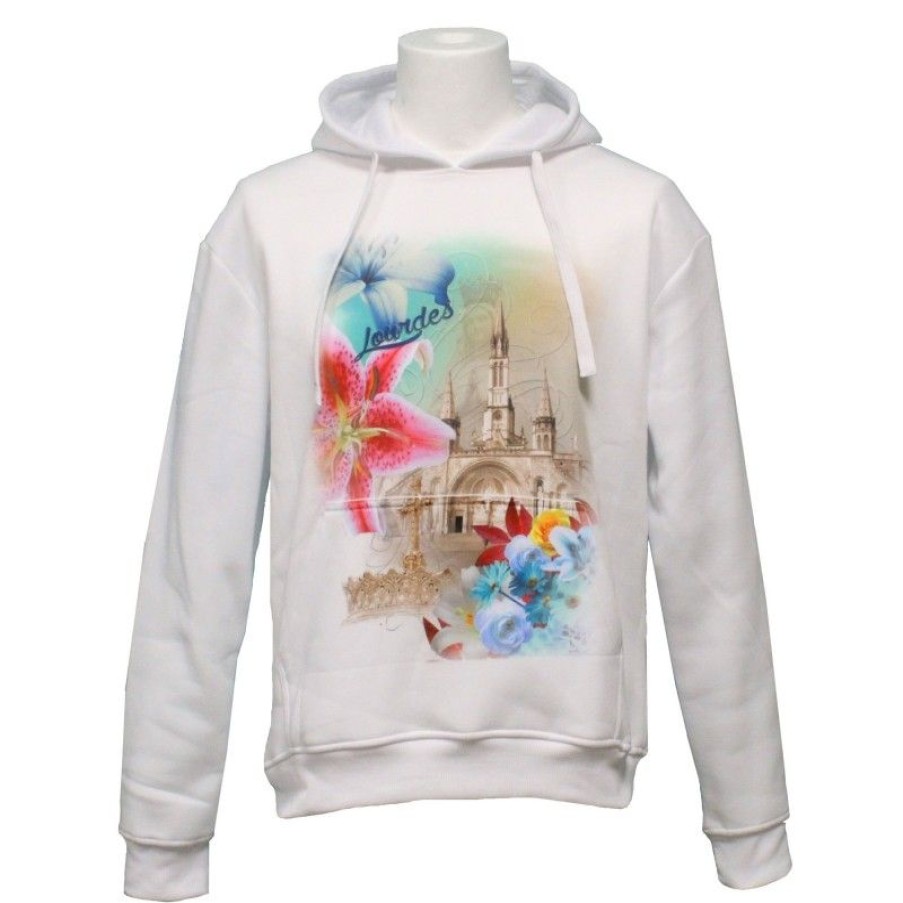 Palais du Rosaire Vetement | Sweat Shirt De Lourdes Blanc Avec Des Orchidees