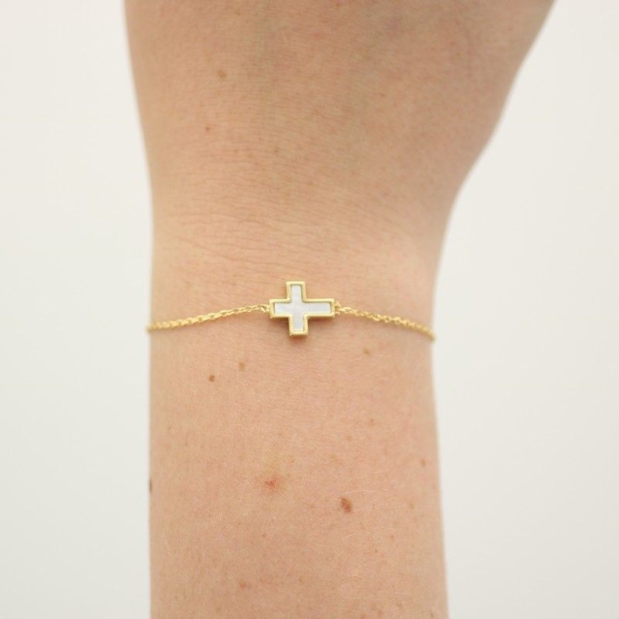 Palais du Rosaire Bracelet Plaque Or | Bracelet Plaque Or Avec Croix Religieuse En Nacre