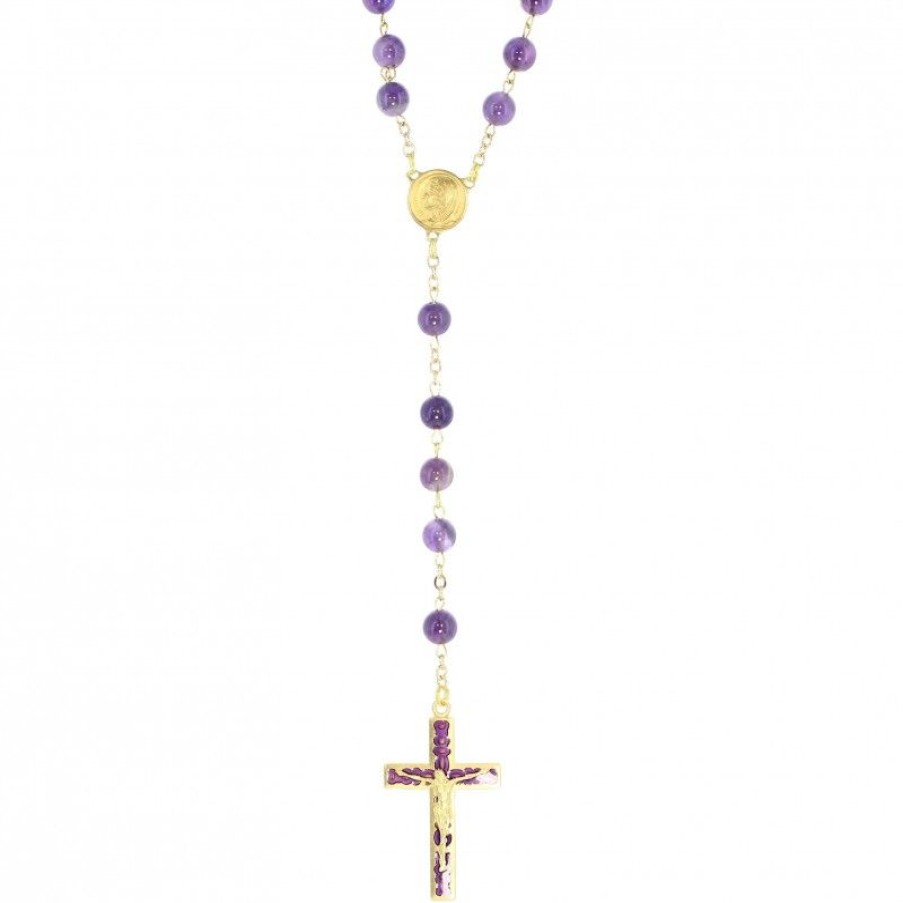Palais du Rosaire Chapelet Pierre | Chapelet Dore En Pierres D'Amethyste De 6Mm Avec Croix Emaillee