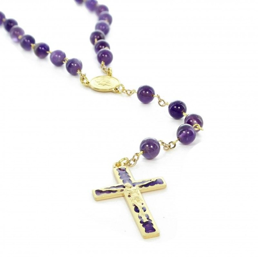 Palais du Rosaire Chapelet Pierre | Chapelet Dore En Pierres D'Amethyste De 6Mm Avec Croix Emaillee