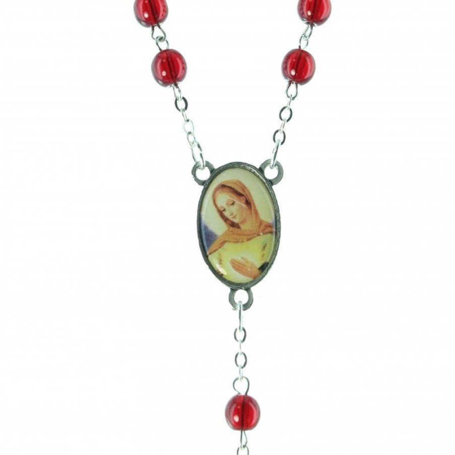 Palais du Rosaire Chapelet Resine | Chapelet Devotion De La Flamme D'Amour En Resine Rouge Et Chaine Argentee