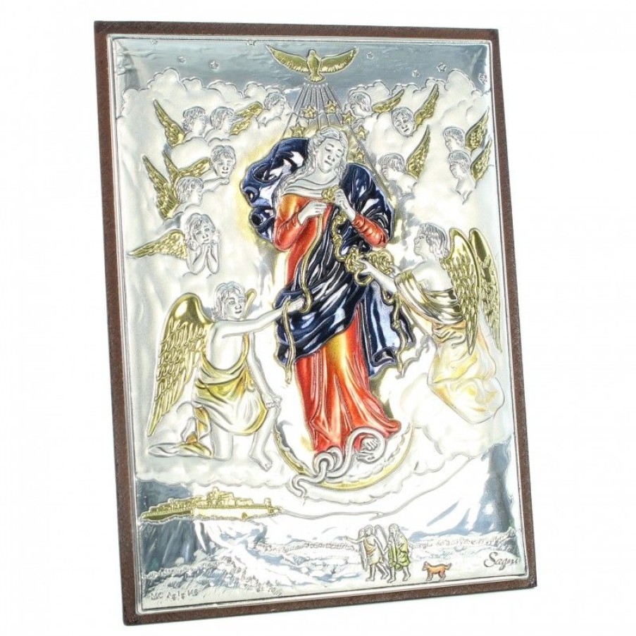 Palais du Rosaire Cadre Religieux | Cadre De Marie Qui Defait Les Noeuds En Metal Argente Et Bois 8X11Cm