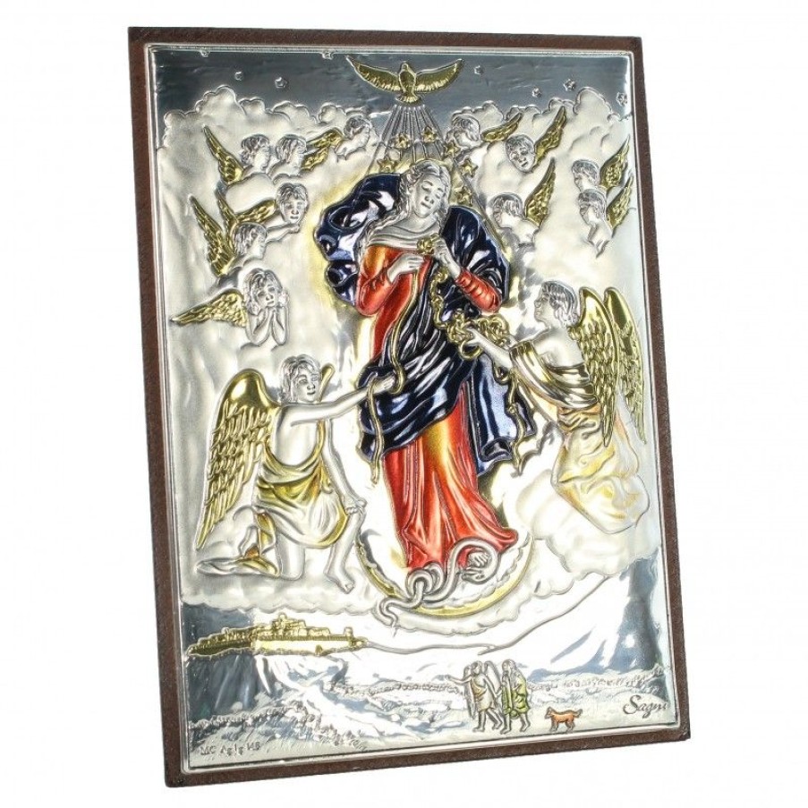 Palais du Rosaire Cadre Religieux | Cadre De Marie Qui Defait Les Noeuds En Metal Argente Et Bois 8X11Cm