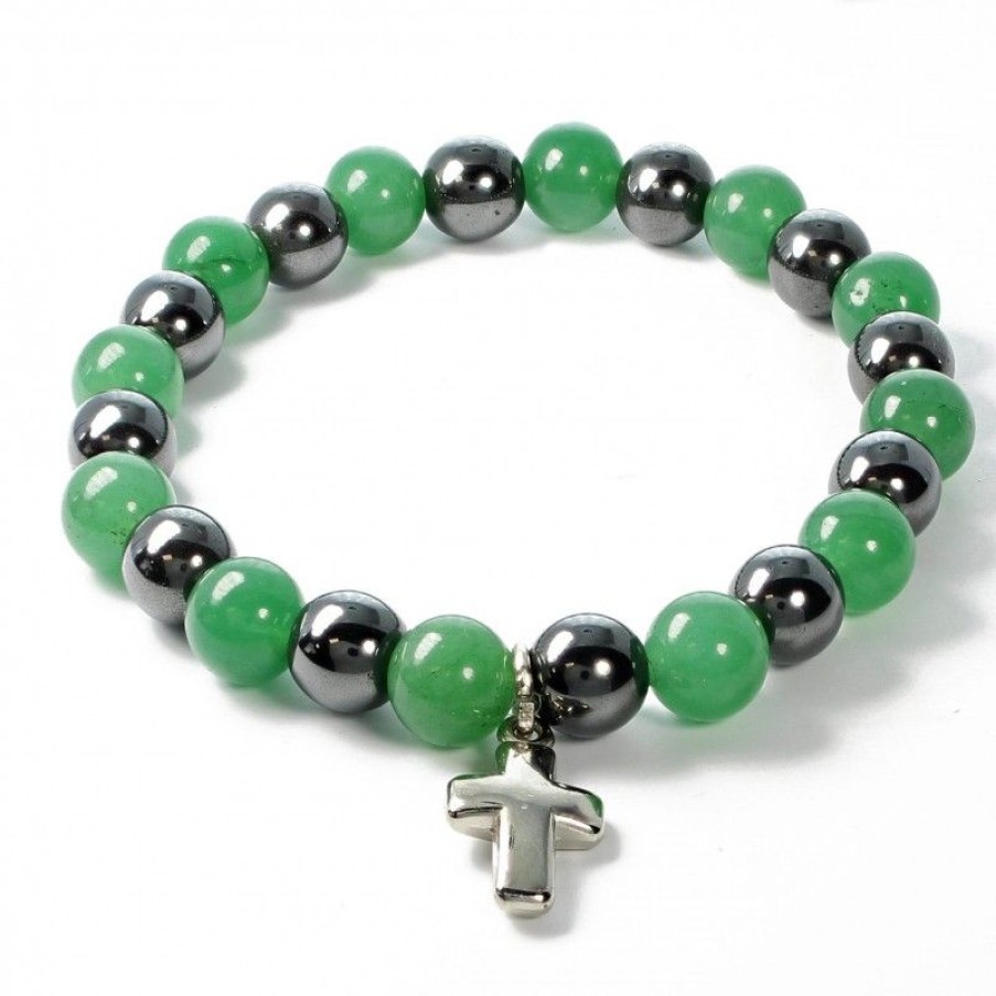 Palais du Rosaire Bracelet Fantaisie | Bracelet En Pierres Naturelles D'Hematite Et Aventurine Avec Croix