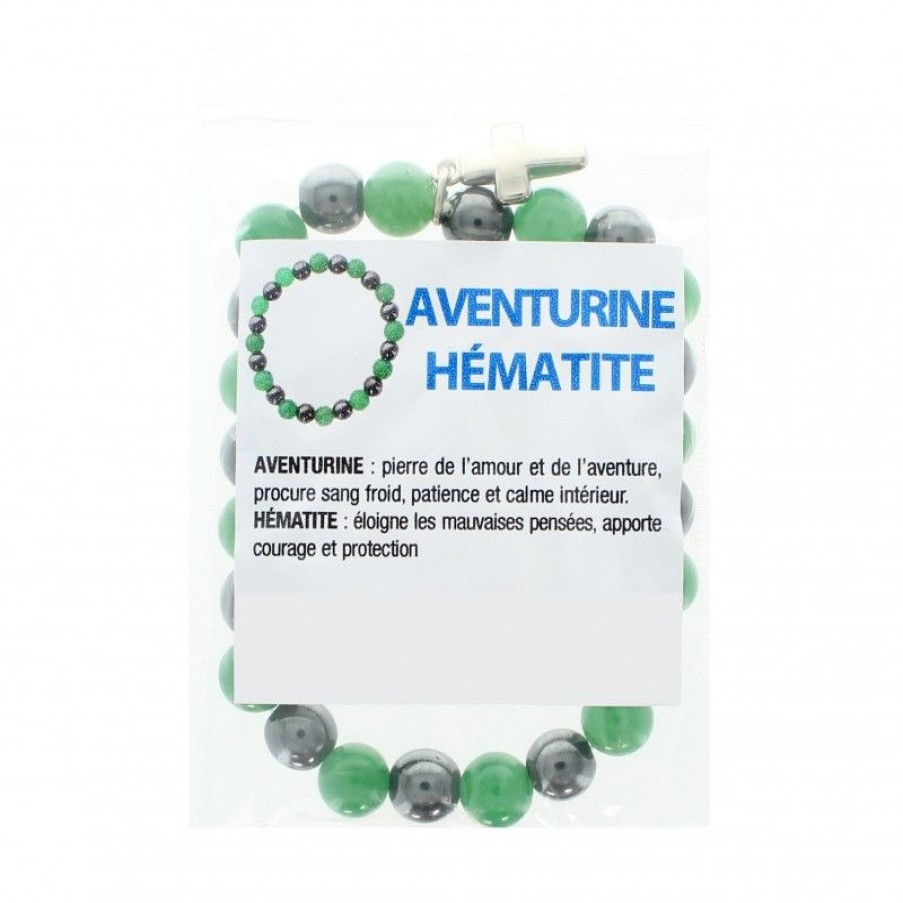 Palais du Rosaire Bracelet Fantaisie | Bracelet En Pierres Naturelles D'Hematite Et Aventurine Avec Croix