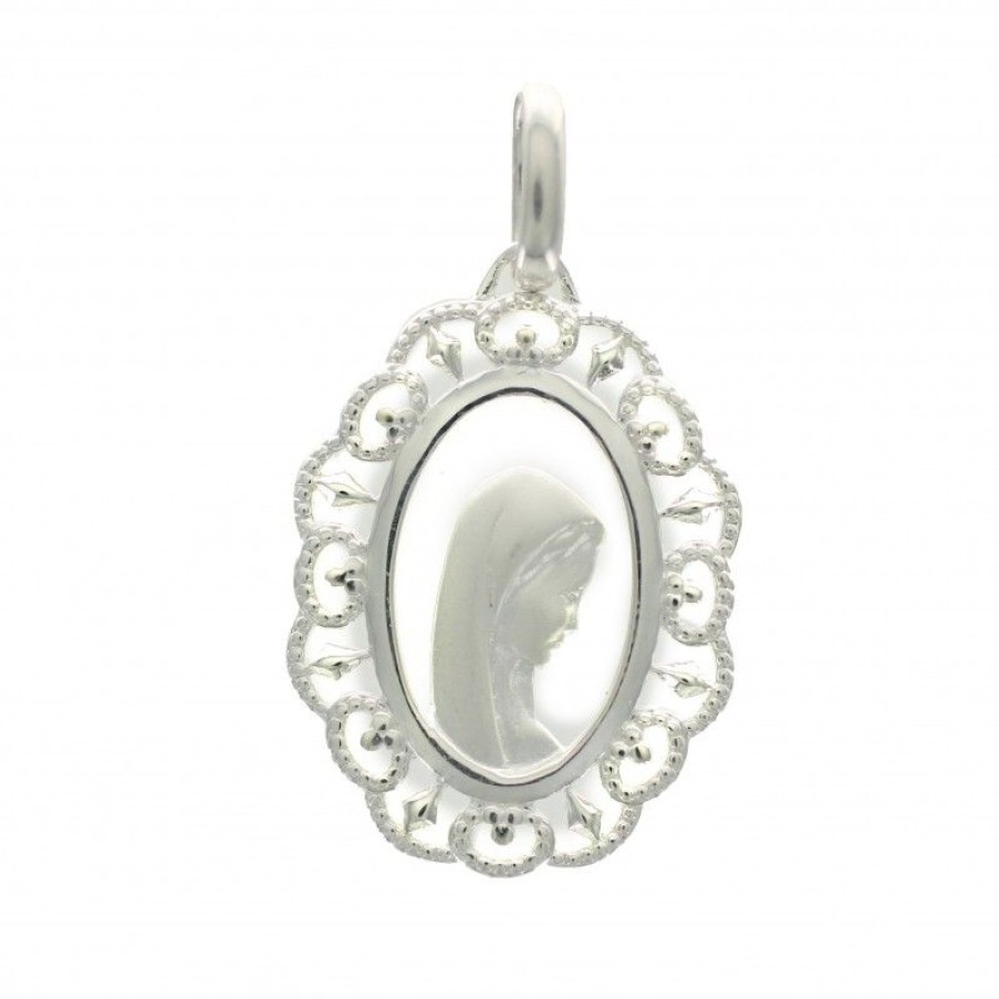 Palais du Rosaire Medaille Et Croix Argent | Medaille En Argent 22Mm Avec Vierge De Profil