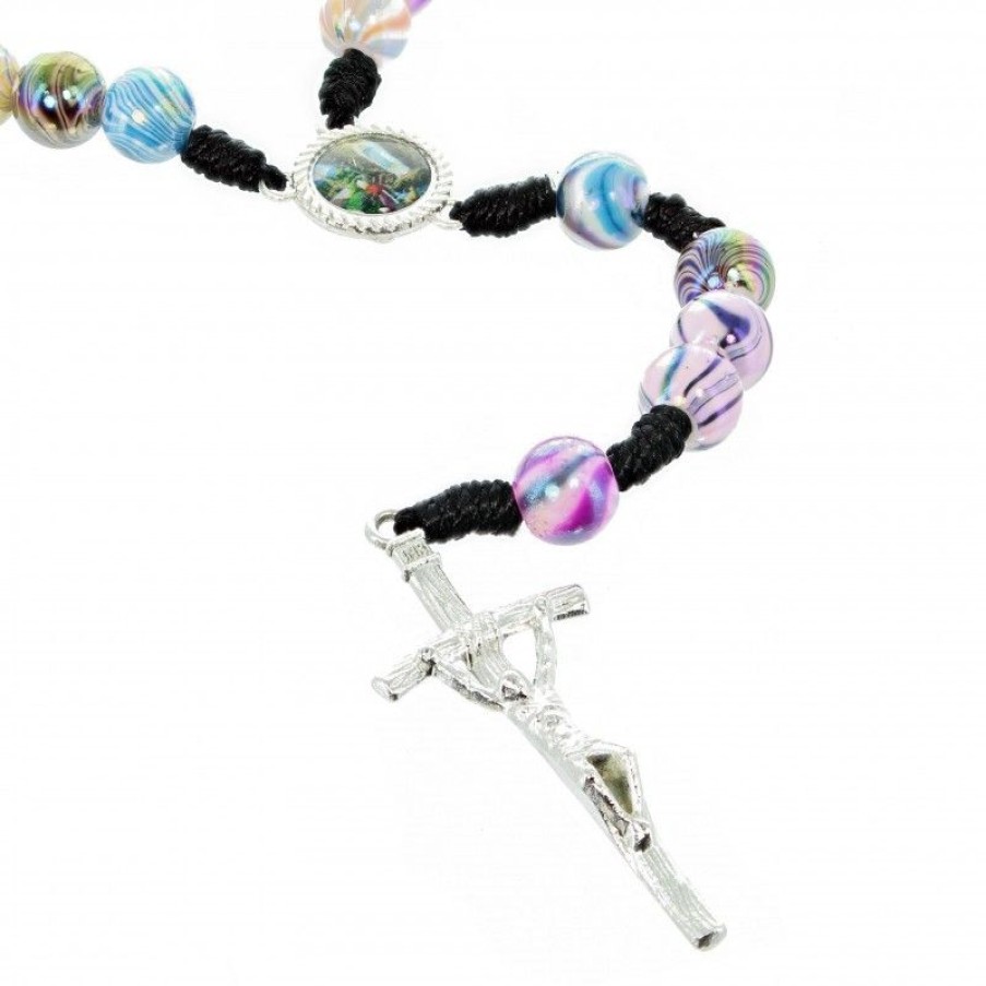 Palais du Rosaire Chapelet Corde | Chapelet De Lourdes Corde Noire Avec Grains Mutlicolores