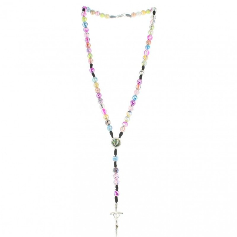 Palais du Rosaire Chapelet Corde | Chapelet De Lourdes Corde Noire Avec Grains Mutlicolores