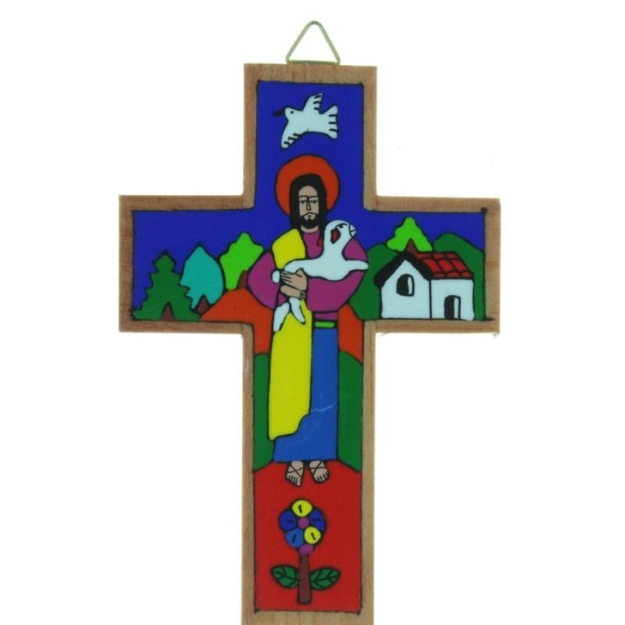 Palais du Rosaire Crucifix Bois | Crucifix Bois Avec Le Christ Bon Pasteur 12Cm