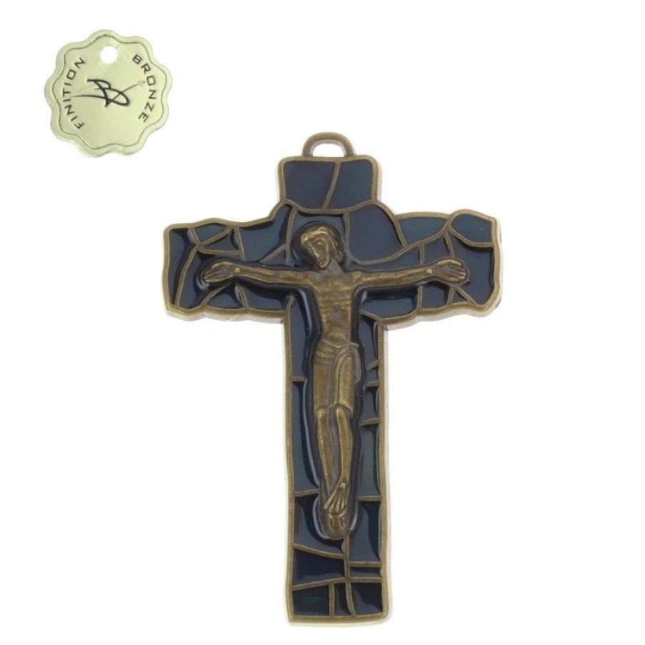 Palais du Rosaire Crucifix Metal | Crucifix Bronze Finitions Emaille Bleu Fonce 8Cm