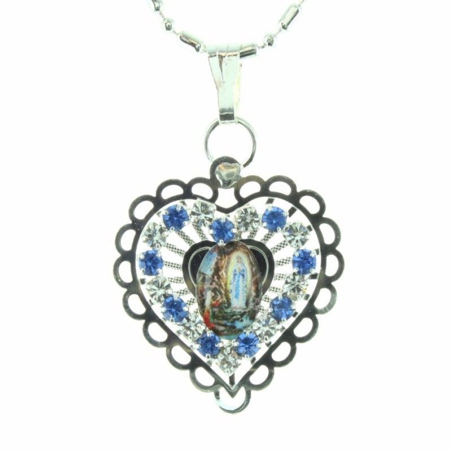 Palais du Rosaire Collier Fantaisie | Collier Argente Avec Un Pendentif En Coeur De L'Apparition De Lourdes
